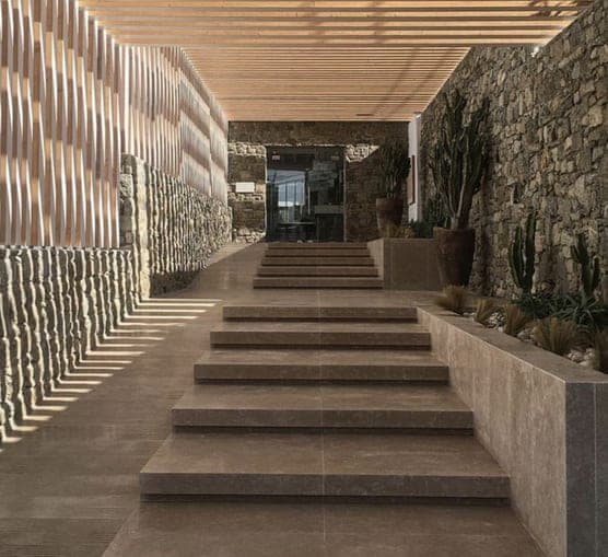 Shaded colonnade and stone steps