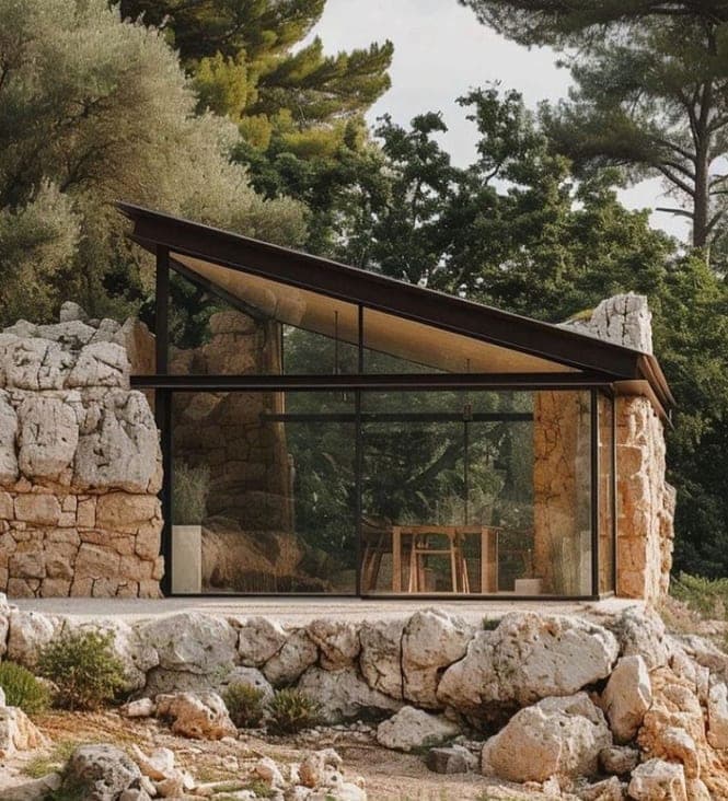 Glass pavilion set into the rock