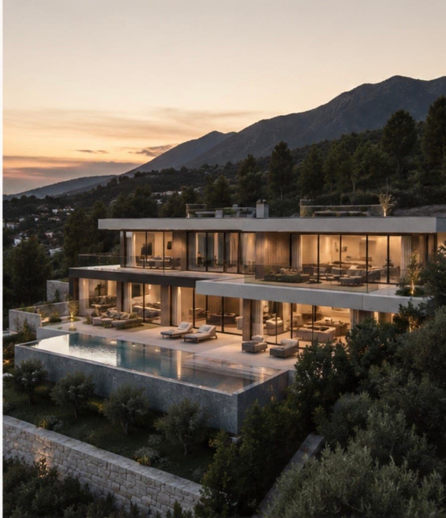 Villa Elysia at dusk above the valley