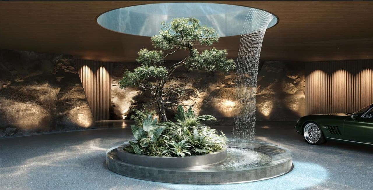 Entrance courtyard with tree and water feature