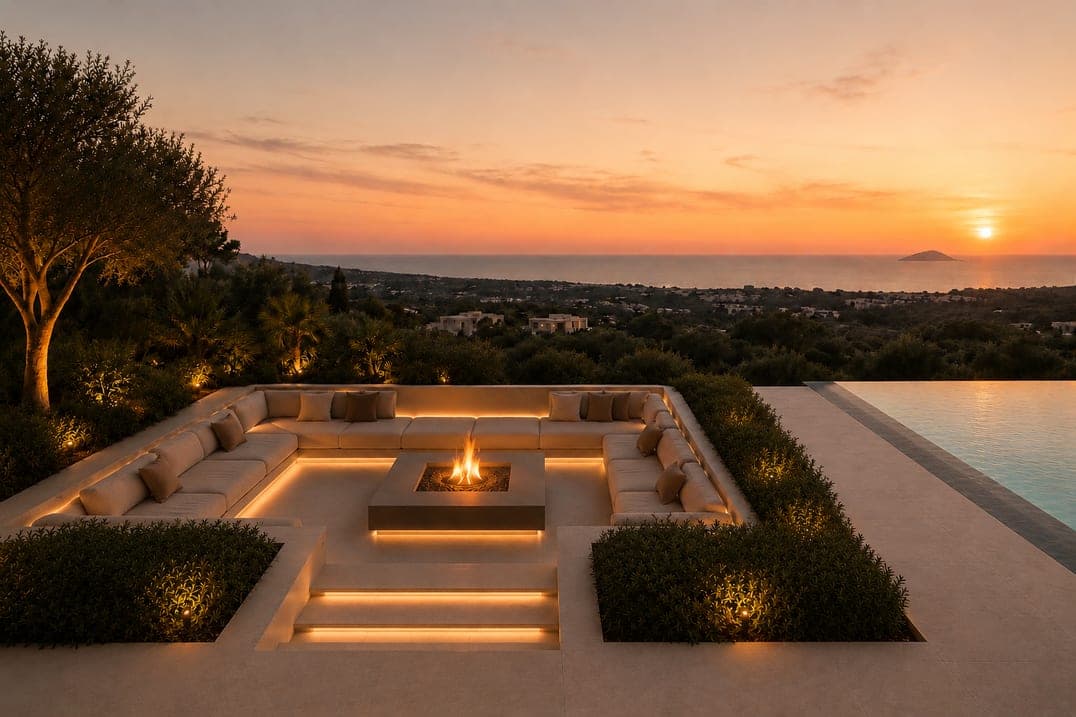 Sunken fire pit terrace at sunset