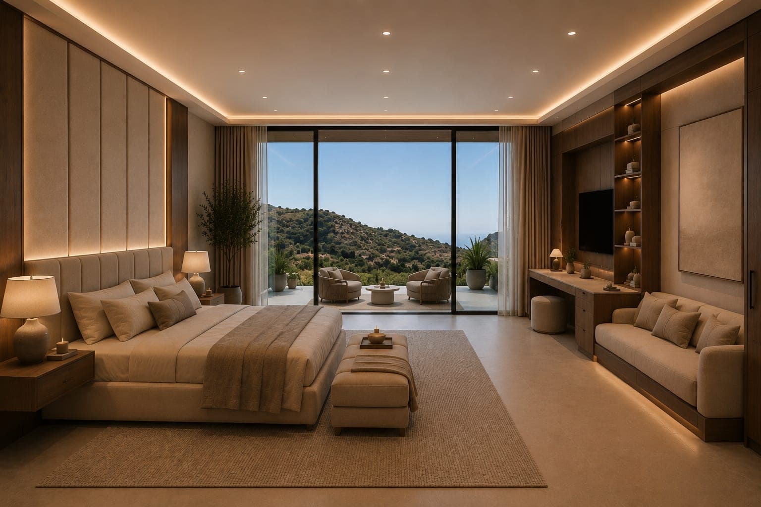 Master suite glazed to sea and mountains
