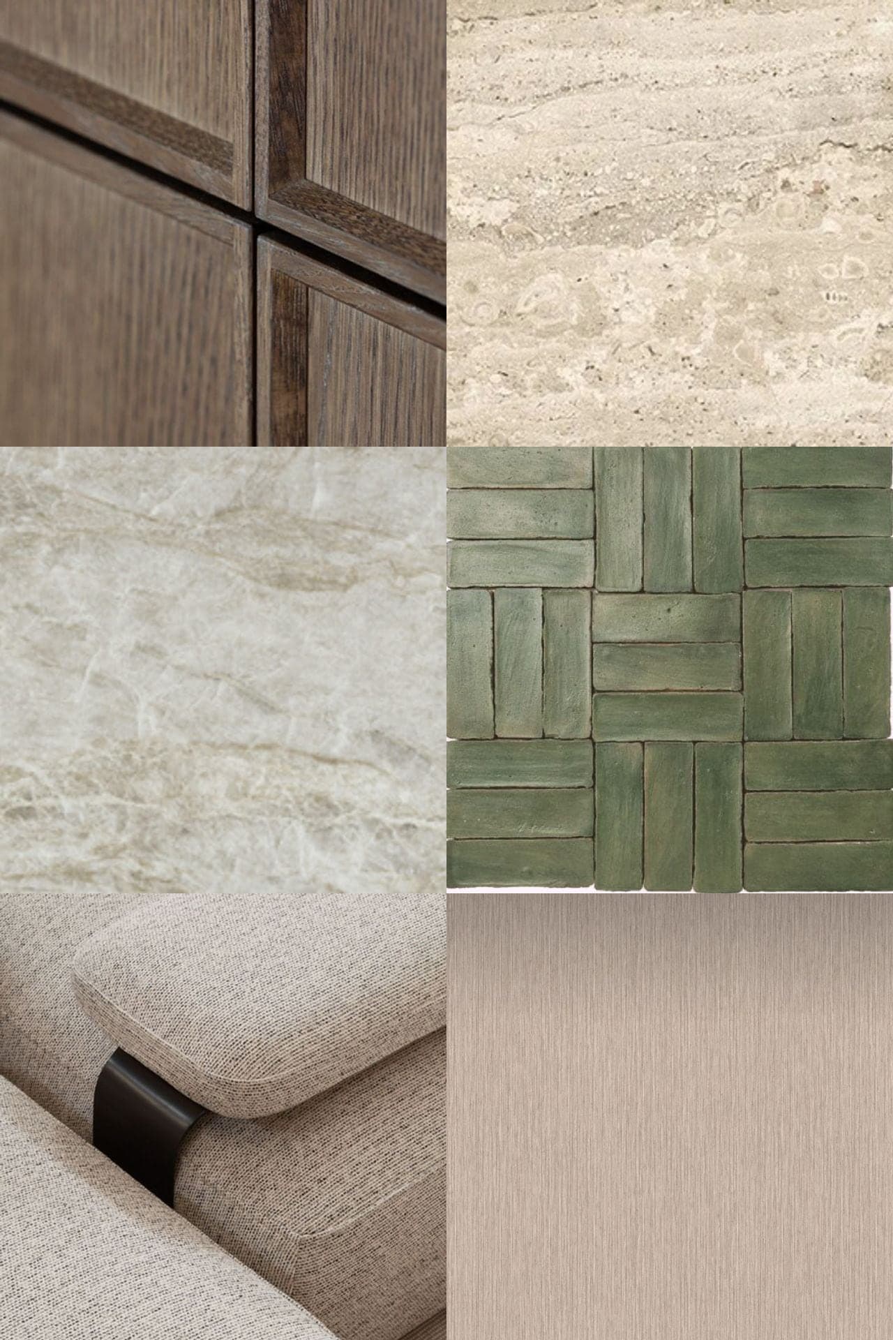 Material palette: travertine, walnut, bronze, bouclé