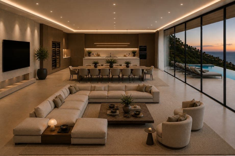 Living and dining opening to the terrace and sea